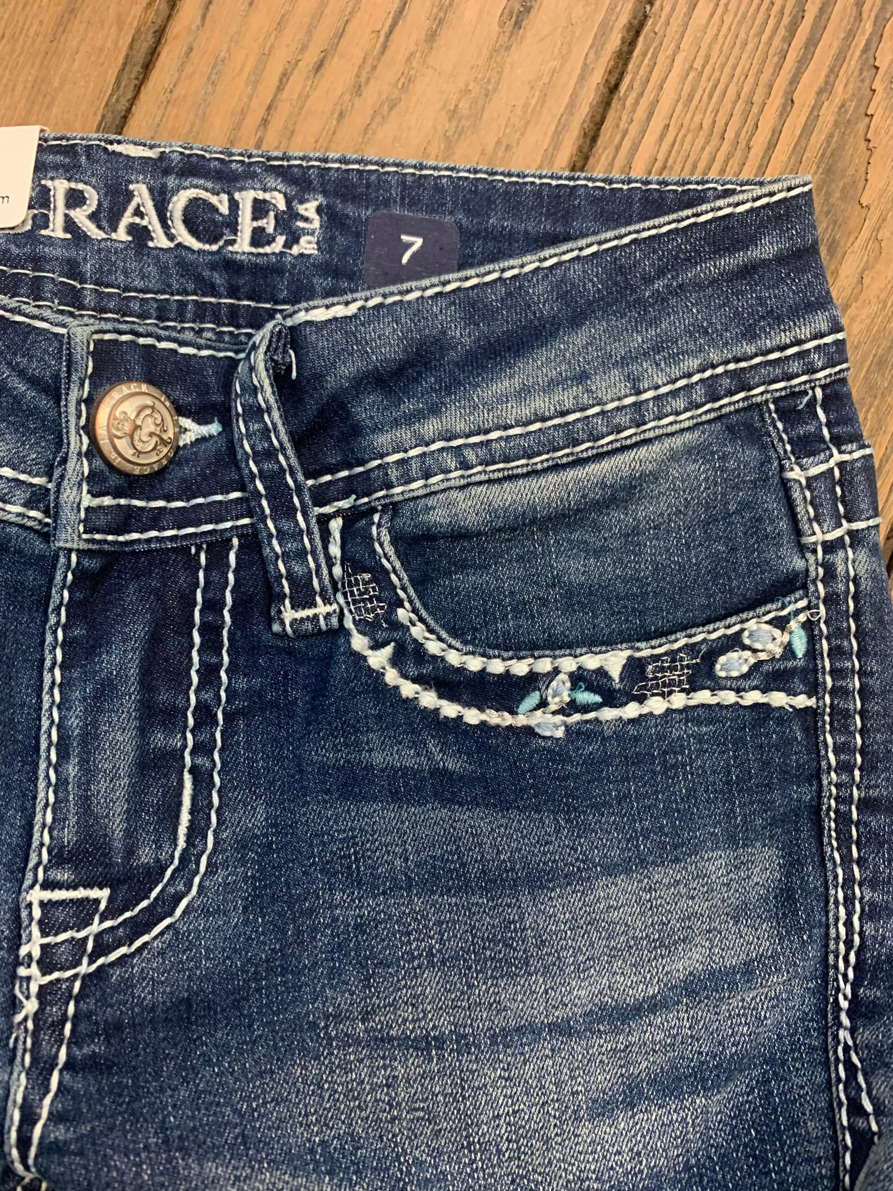 Grace In LA Girl's Horse Shoe Embroidered Design Pockets Bootcut Jeans GBS499