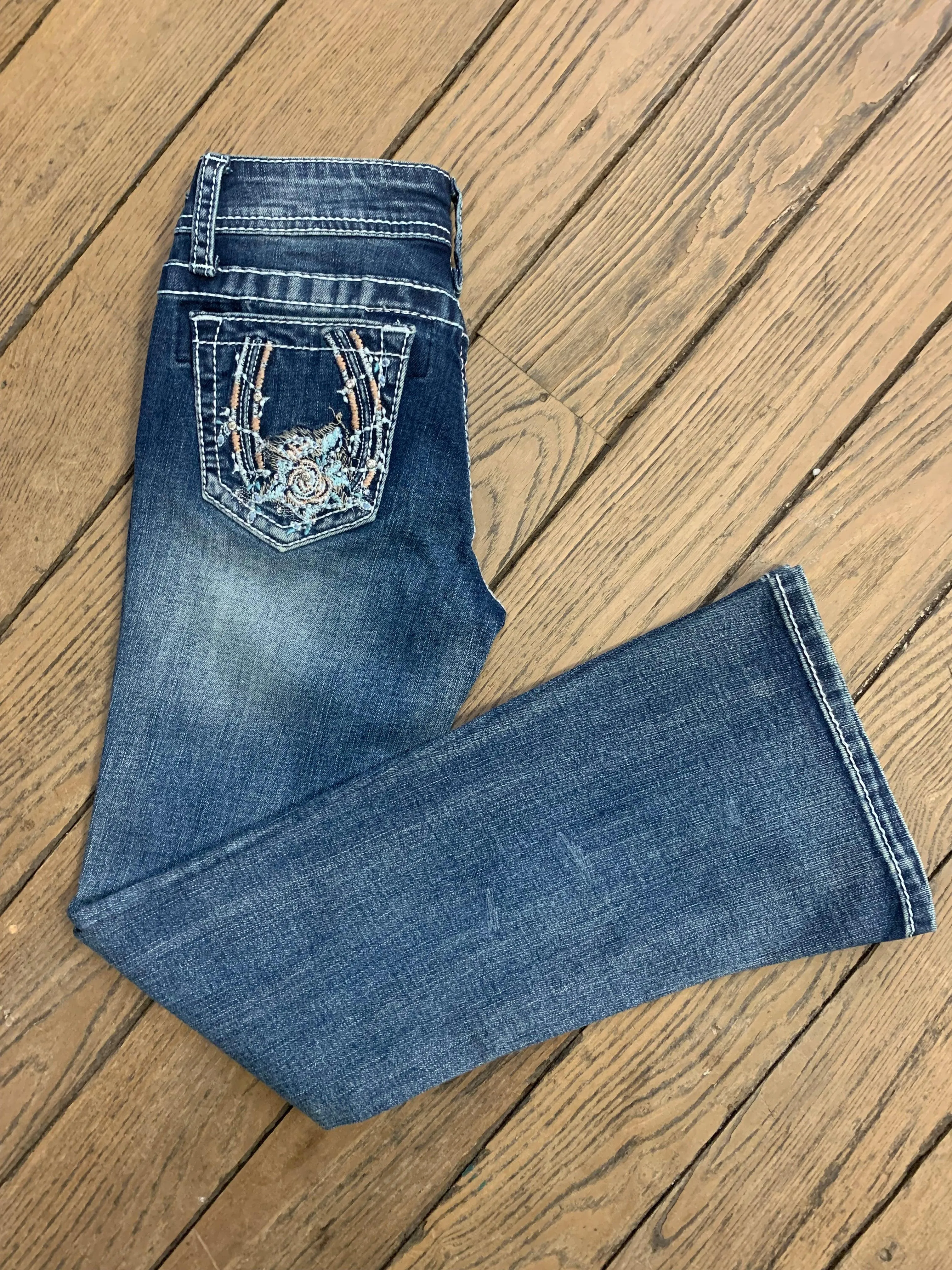 Grace In LA Girl's Horse Shoe Embroidered Design Pockets Bootcut Jeans GBS499