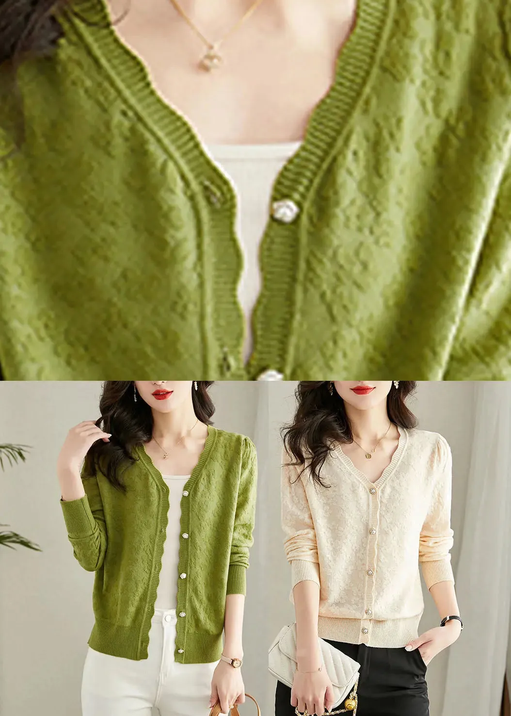 Green Embroideried Button Solid Knit Cardigans Fall LY8123