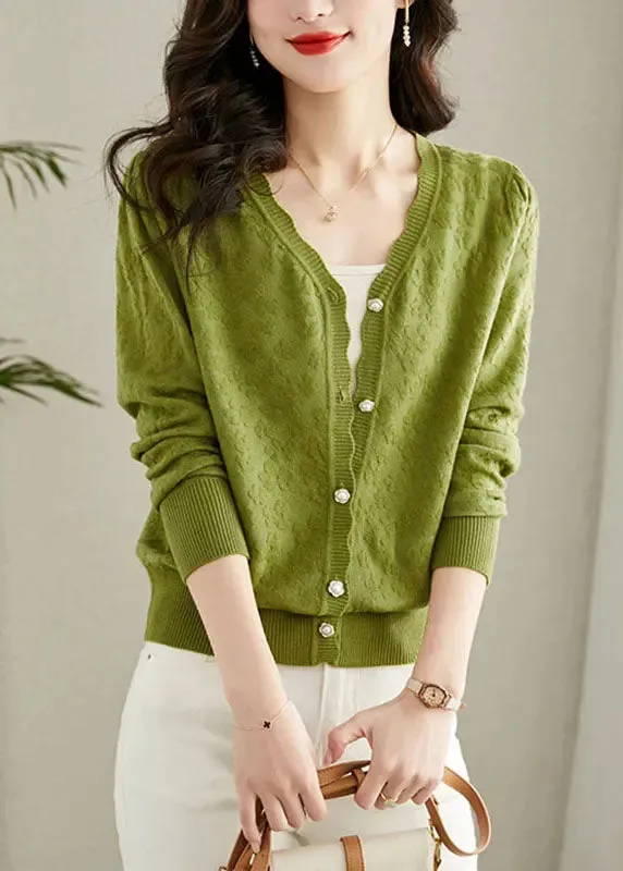 Green Embroideried Button Solid Knit Cardigans Fall LY8123