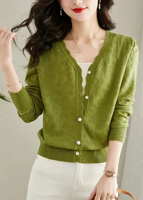 Green Embroideried Button Solid Knit Cardigans Fall LY8123