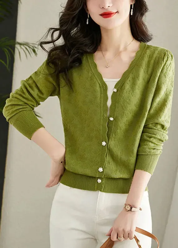 Green Embroideried Button Solid Knit Cardigans Fall LY8123