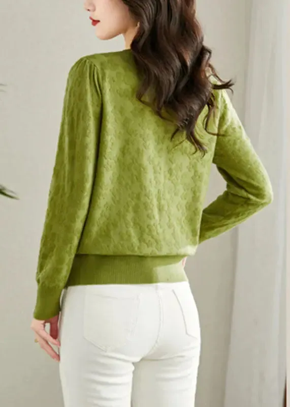 Green Embroideried Button Solid Knit Cardigans Fall LY8123