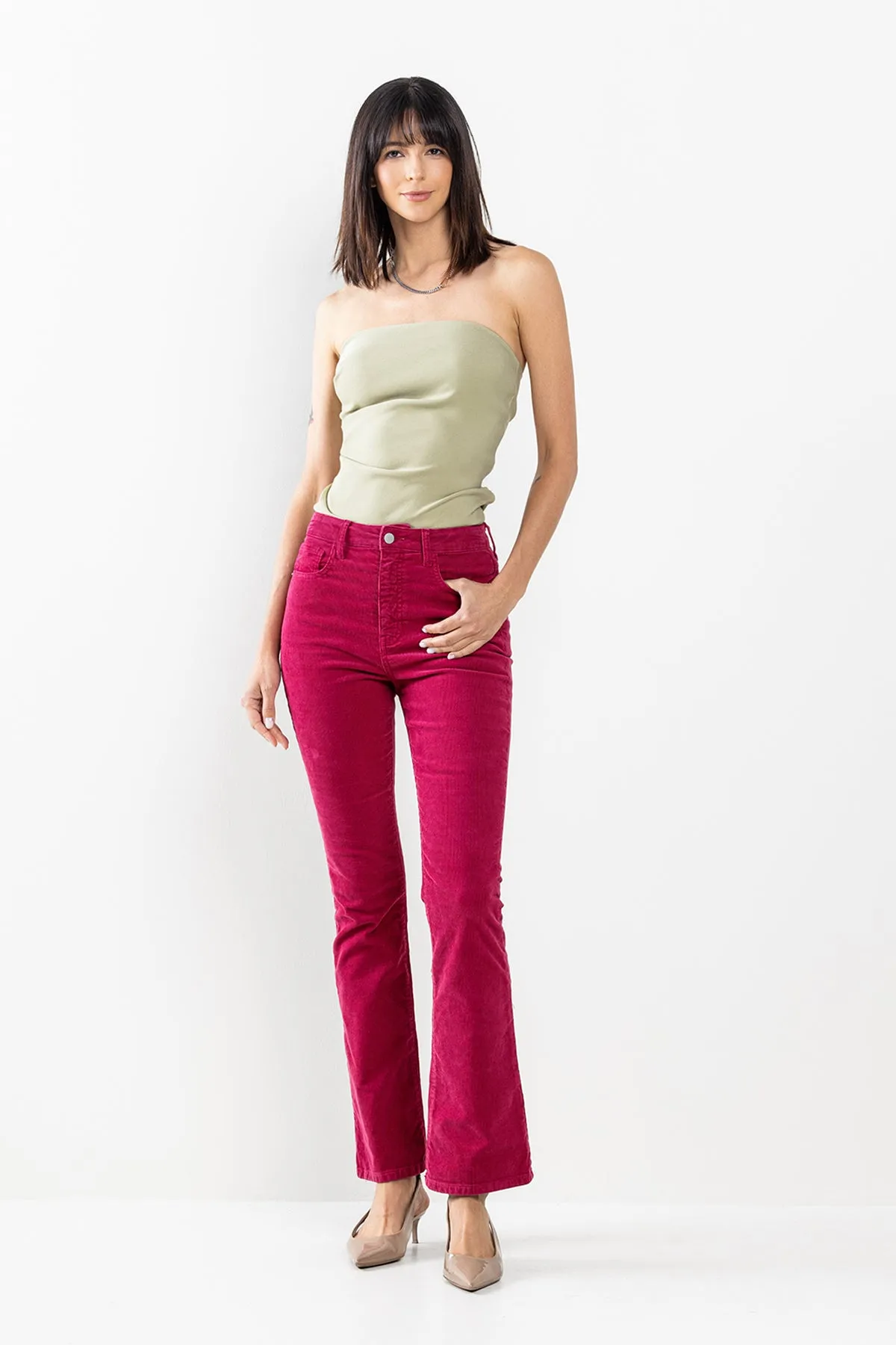 HIGH RISE CORDUROY SLIM BOOTCUT IN RED PLUM / SP-P12529RP