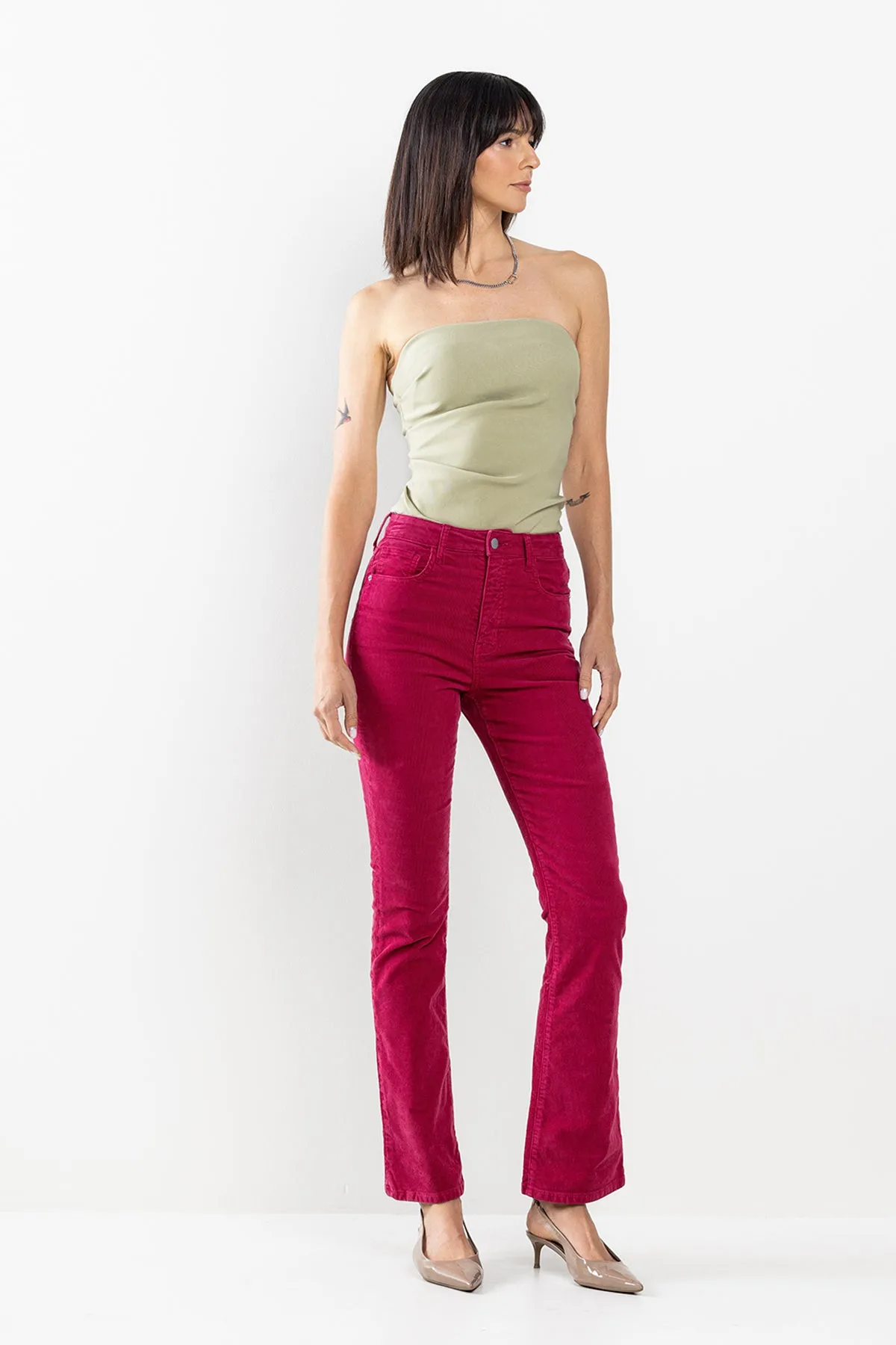 HIGH RISE CORDUROY SLIM BOOTCUT IN RED PLUM / SP-P12529RP