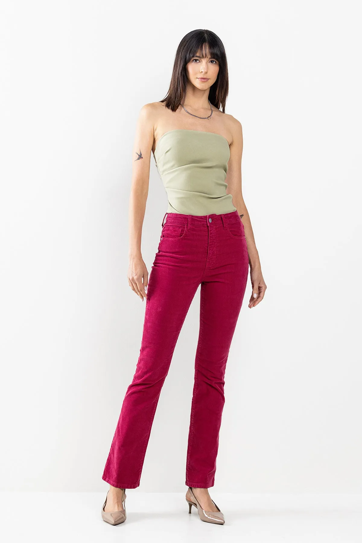 HIGH RISE CORDUROY SLIM BOOTCUT IN RED PLUM / SP-P12529RP