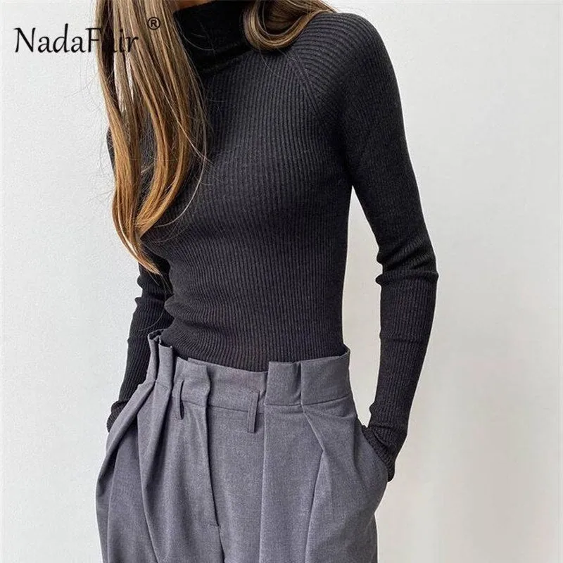 Joskaa Christmas Gift Nadafair Autumn Winter Casual Basic Skinny T Shirt  Long Sleeve Slim Tees Stretched Green Knitted Turtleneck Tops Women 2024