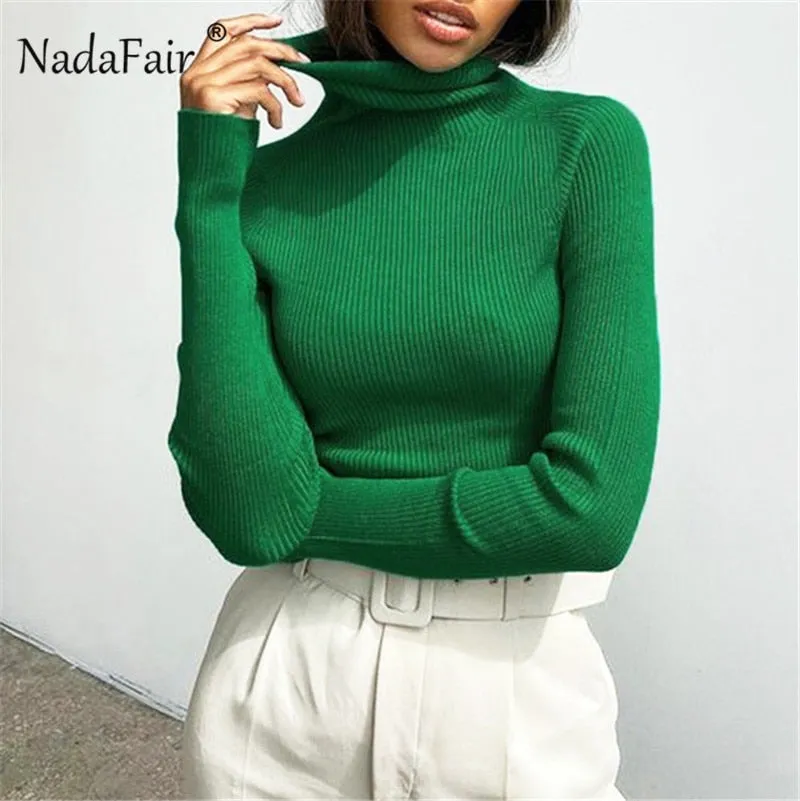 Joskaa Christmas Gift Nadafair Autumn Winter Casual Basic Skinny T Shirt  Long Sleeve Slim Tees Stretched Green Knitted Turtleneck Tops Women 2024