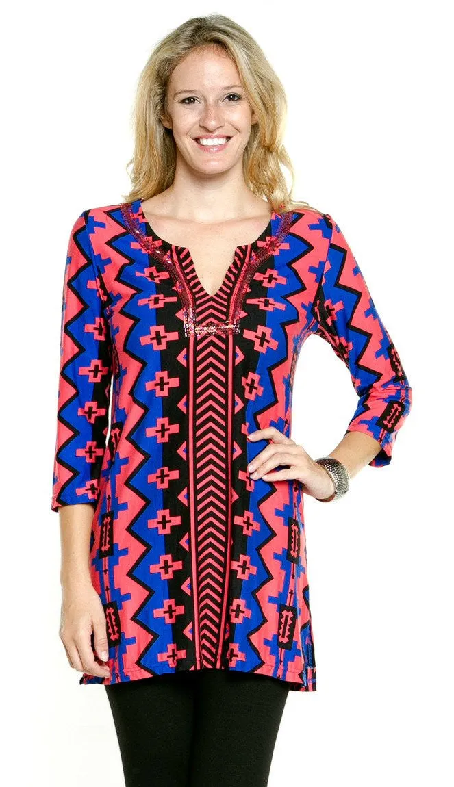 Joyous & Free Pink Geometric Print - La Vida Loca, Tunic Round Neck