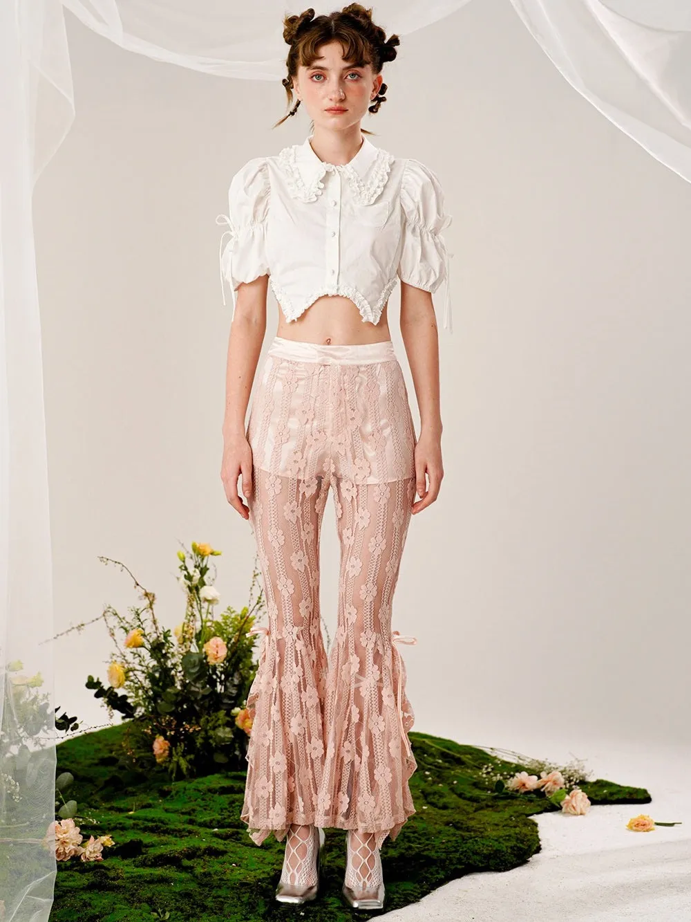 Lace Flowers Flared See-through Pants