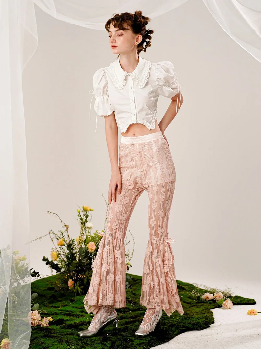 Lace Flowers Flared See-through Pants