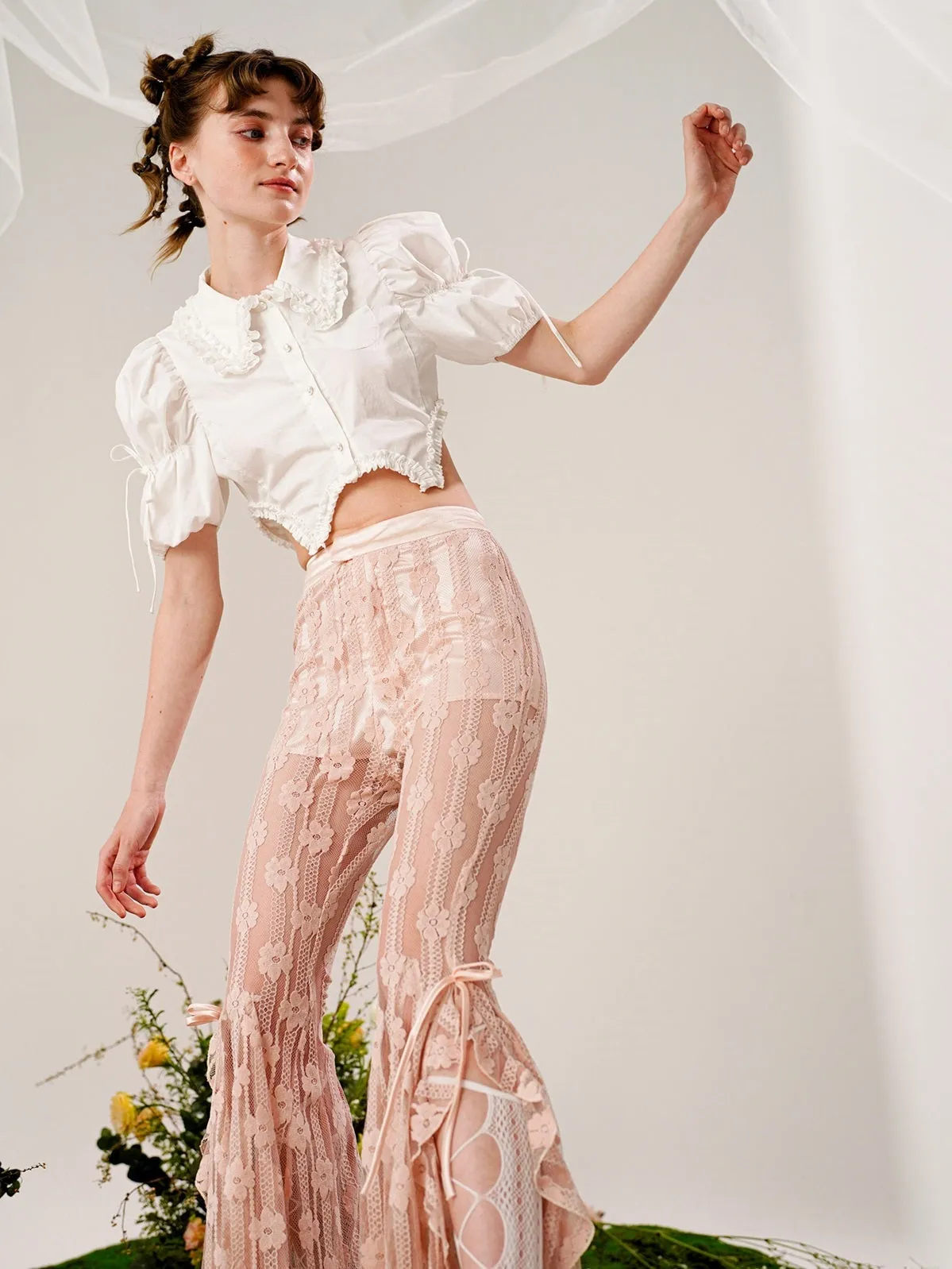 Lace Flowers Flared See-through Pants