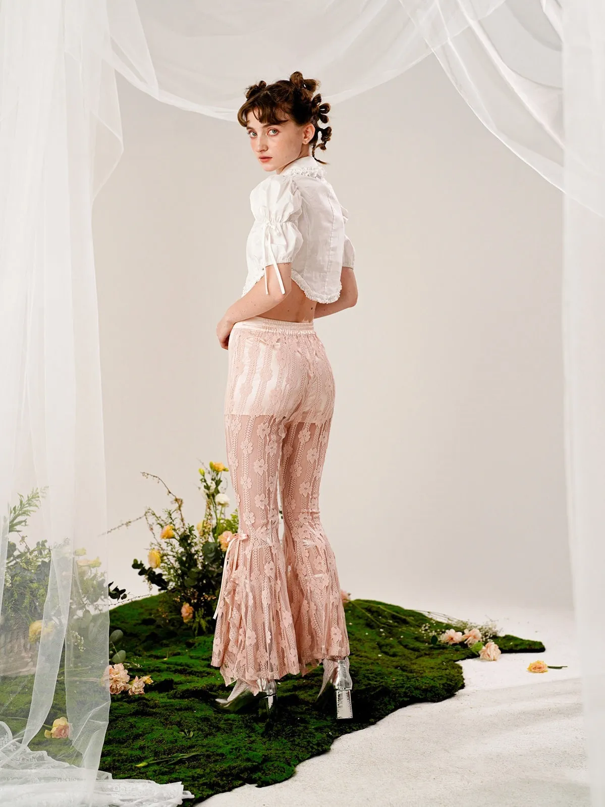 Lace Flowers Flared See-through Pants