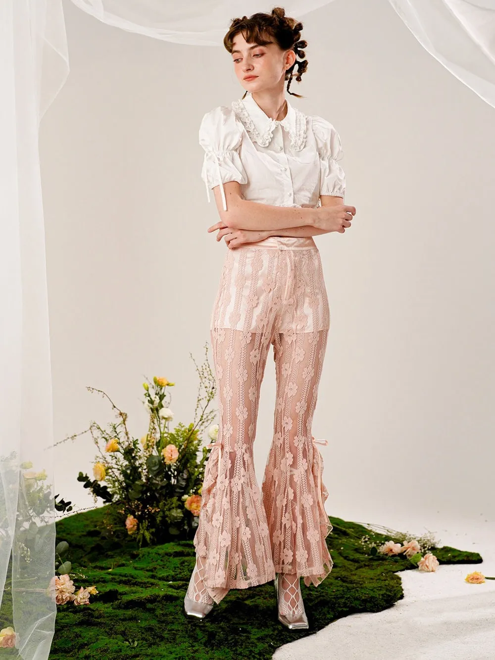 Lace Flowers Flared See-through Pants