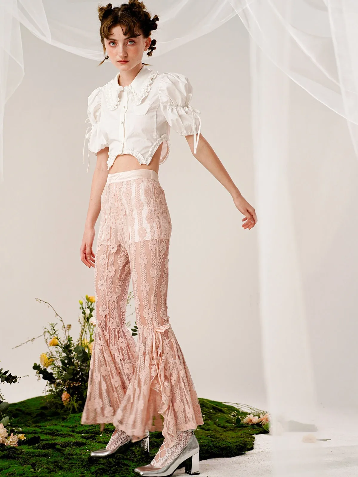 Lace Flowers Flared See-through Pants