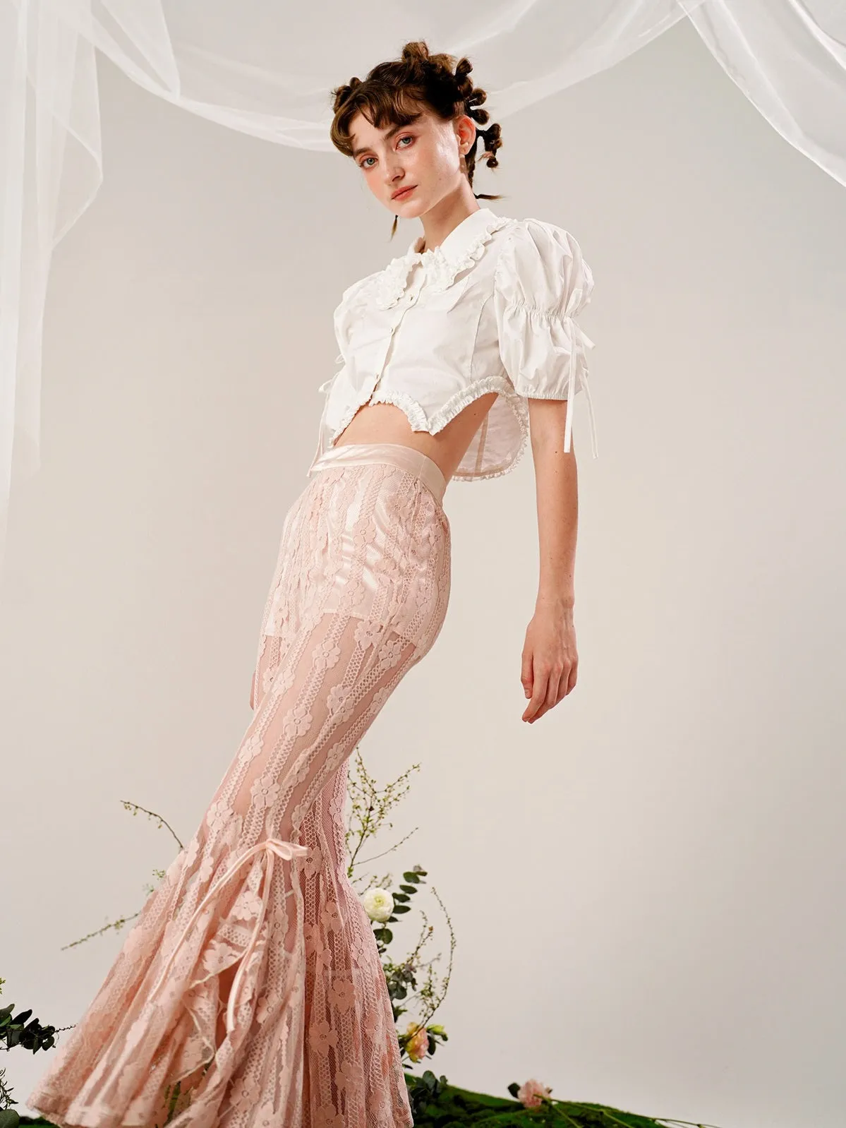 Lace Flowers Flared See-through Pants