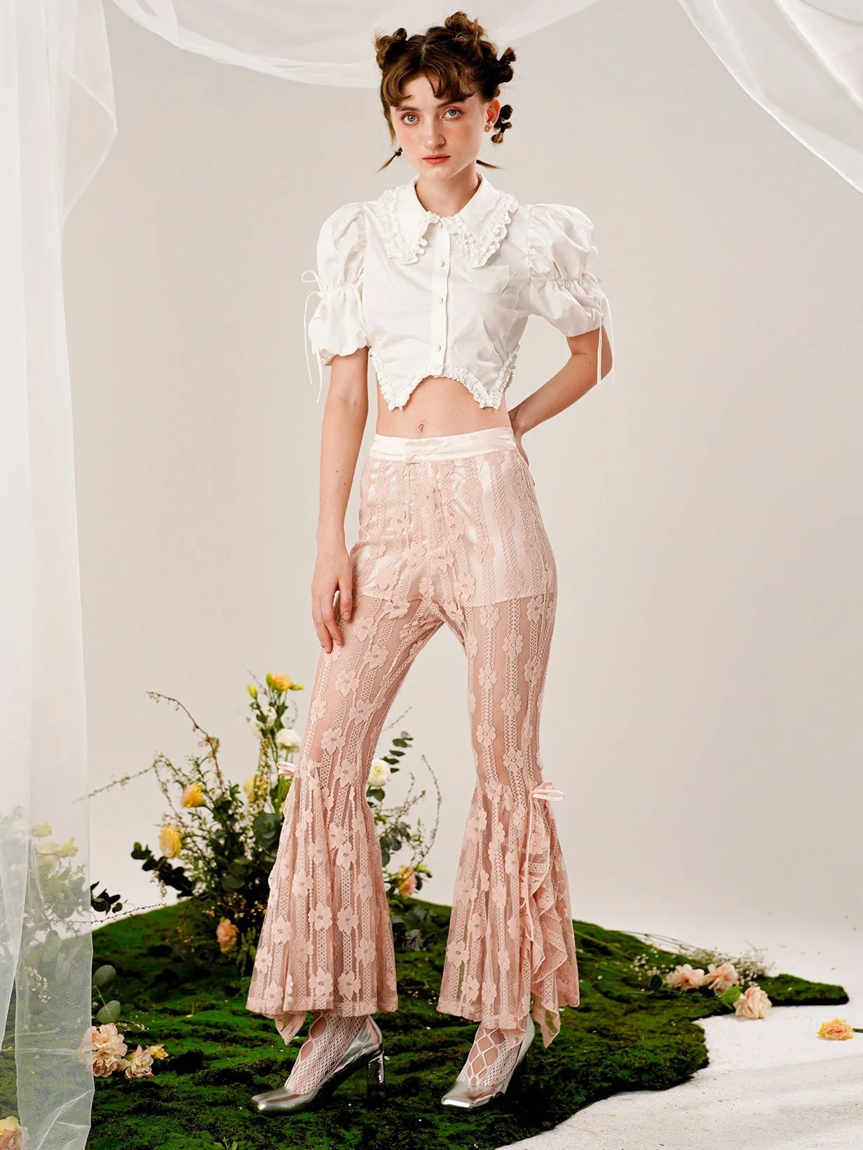 Lace Flowers Flared See-through Pants