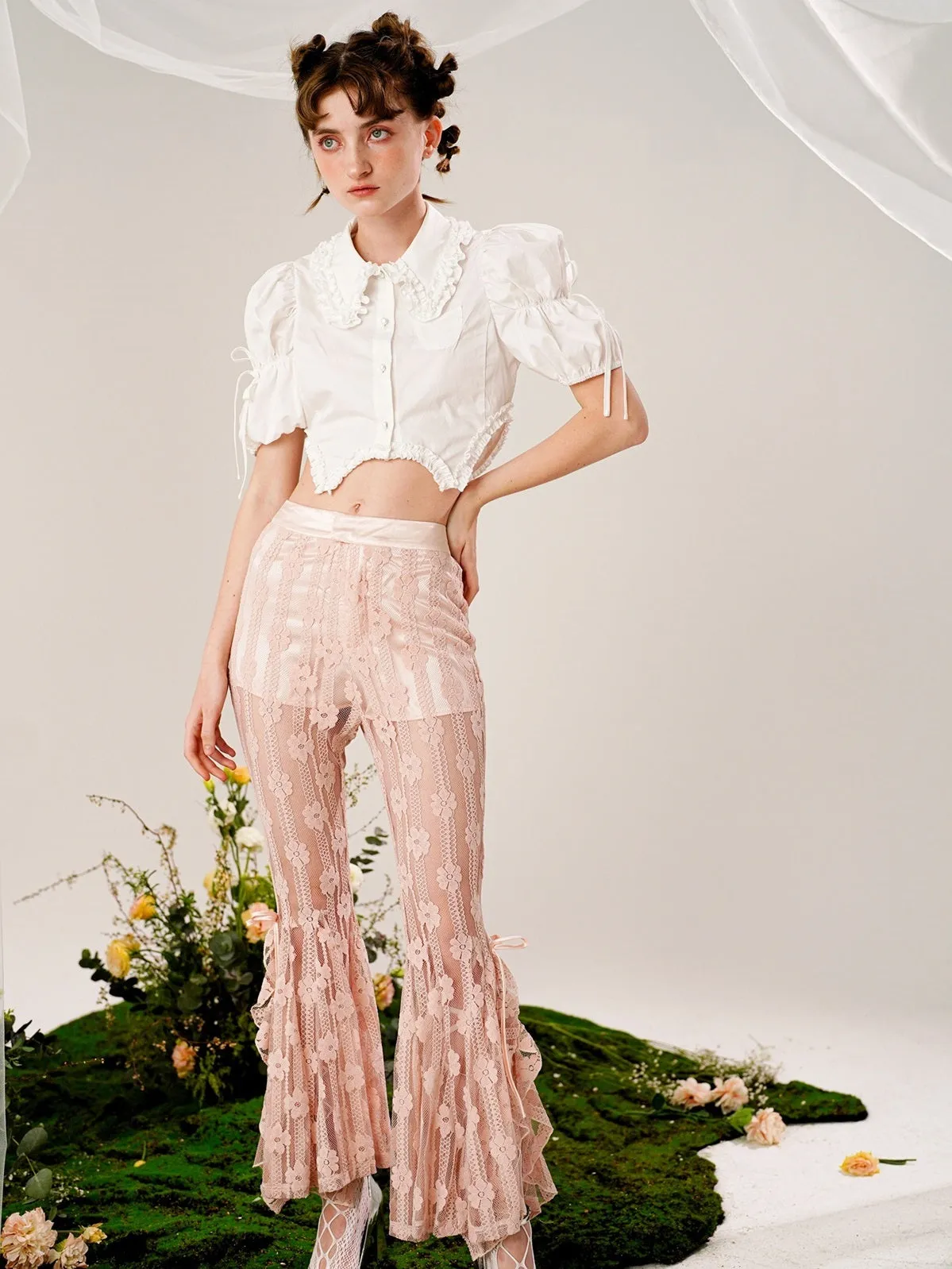 Lace Flowers Flared See-through Pants