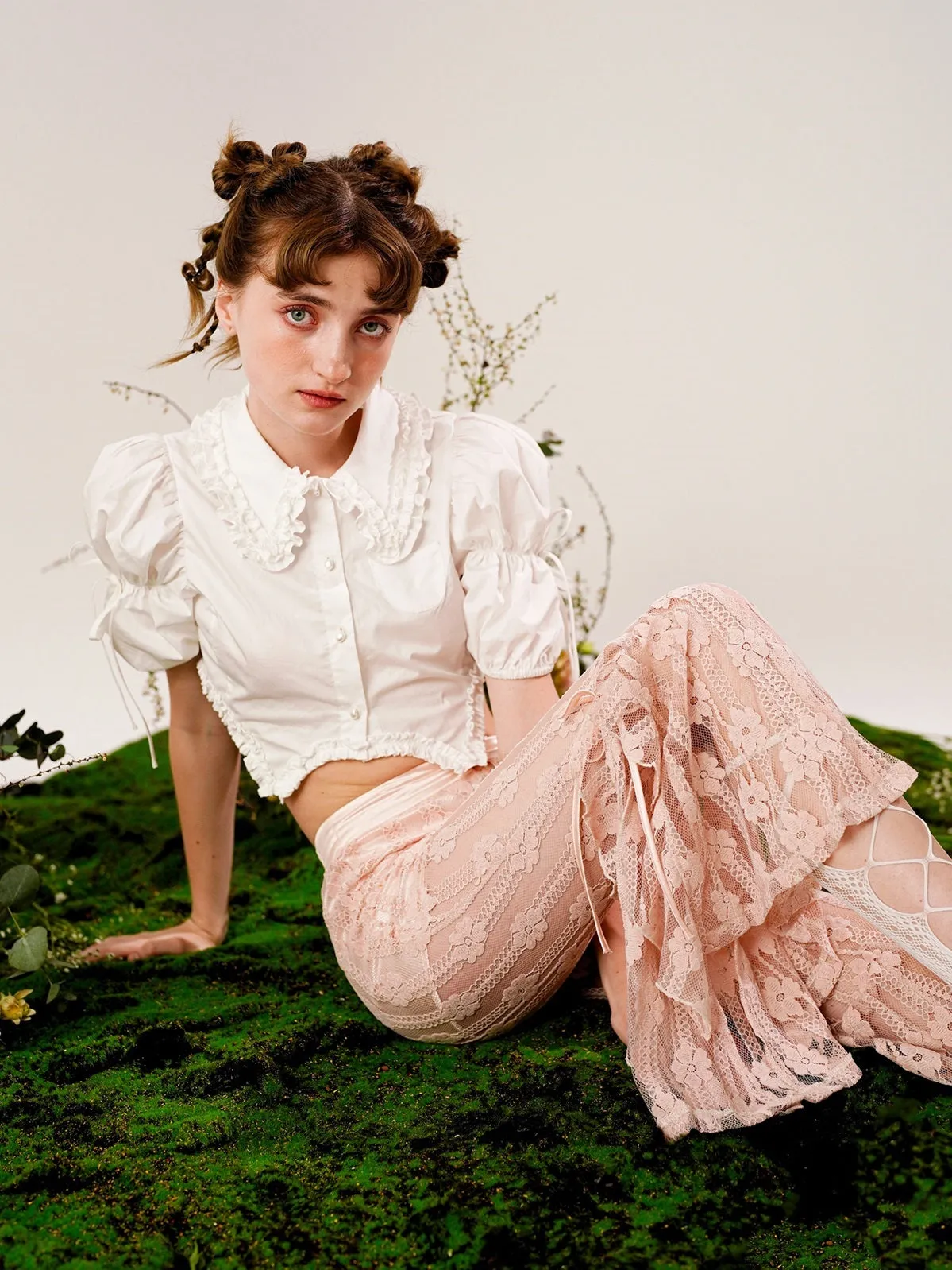 Lace Flowers Flared See-through Pants