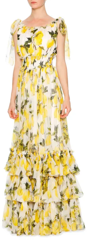 Lemon Print Tiered Long Maxi Dress in White