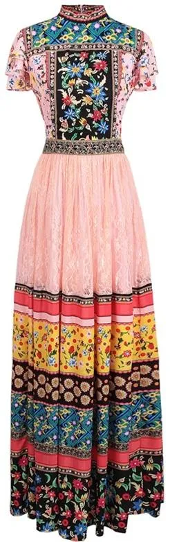 Long Printed Lace-Panel Maxi Dress