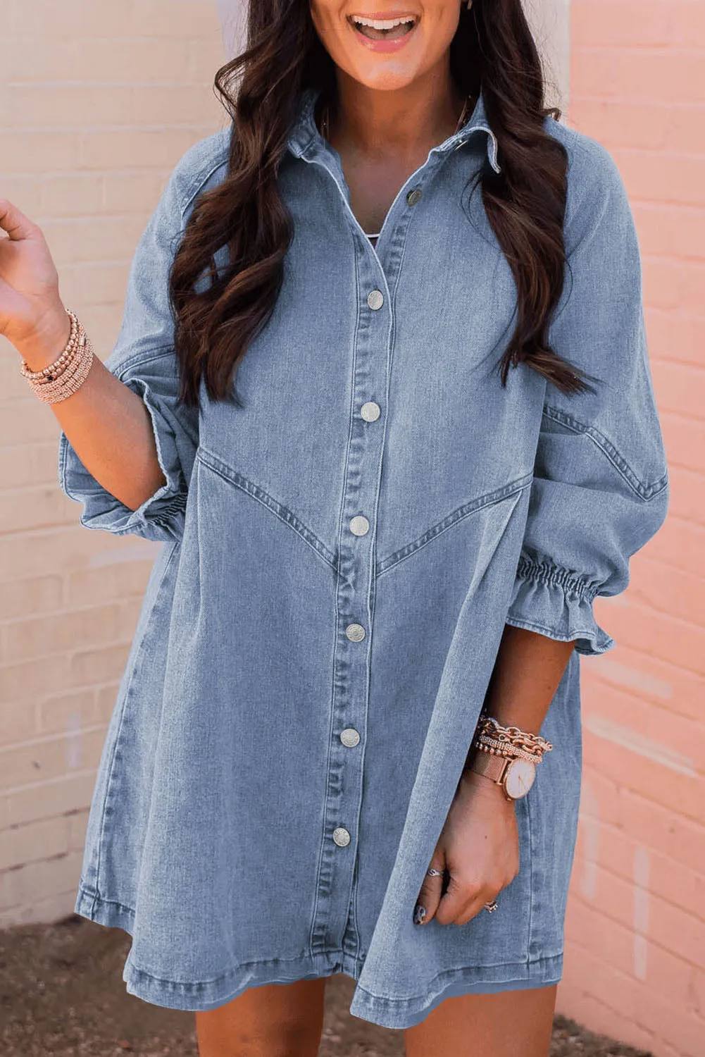 Long Sleeve Denim Mini Dress With Button