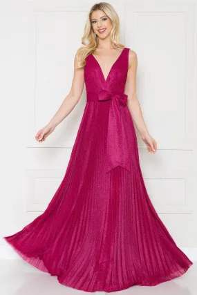 Magenta Sparkle V Neck Pleated Maxi Dress