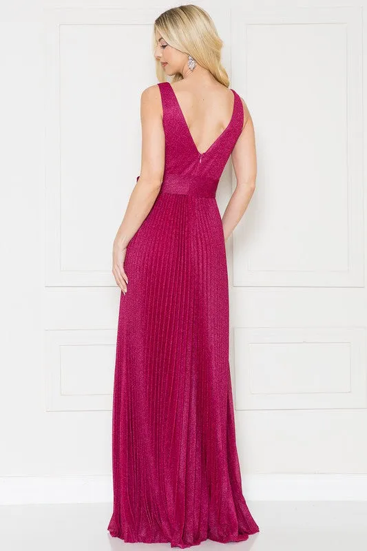 Magenta Sparkle V Neck Pleated Maxi Dress