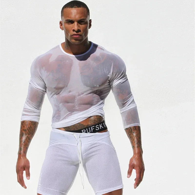 Mens T Shirts Undershirt Gay clothing Nylon Mesh See Through Sheer Long Sleeves Tops Sexy transparent Thin Underwear