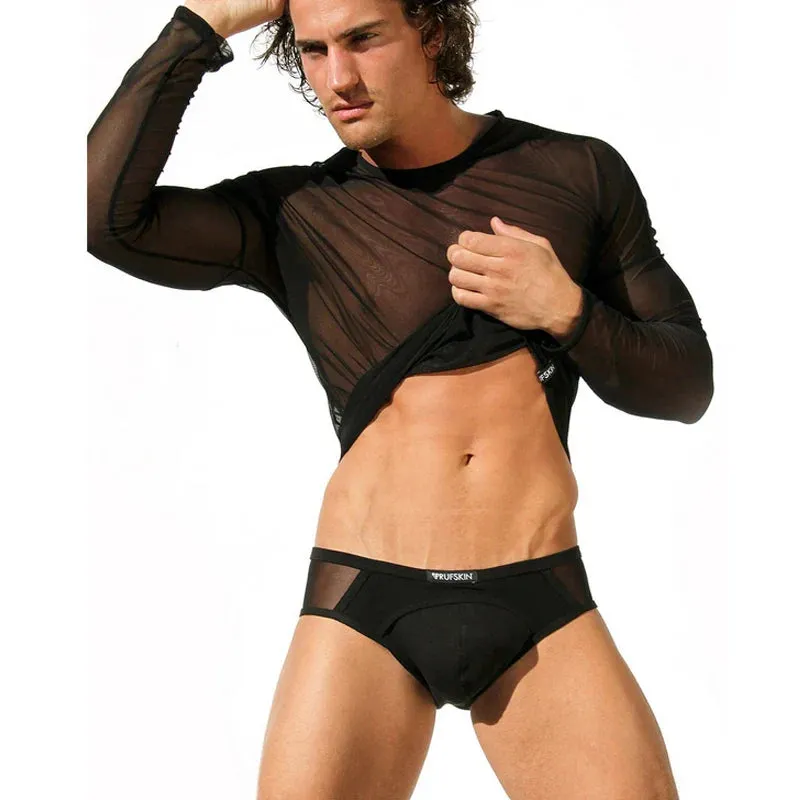 Mens T Shirts Undershirt Gay clothing Nylon Mesh See Through Sheer Long Sleeves Tops Sexy transparent Thin Underwear