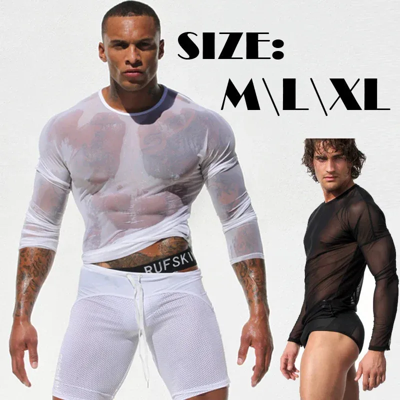 Mens T Shirts Undershirt Gay clothing Nylon Mesh See Through Sheer Long Sleeves Tops Sexy transparent Thin Underwear