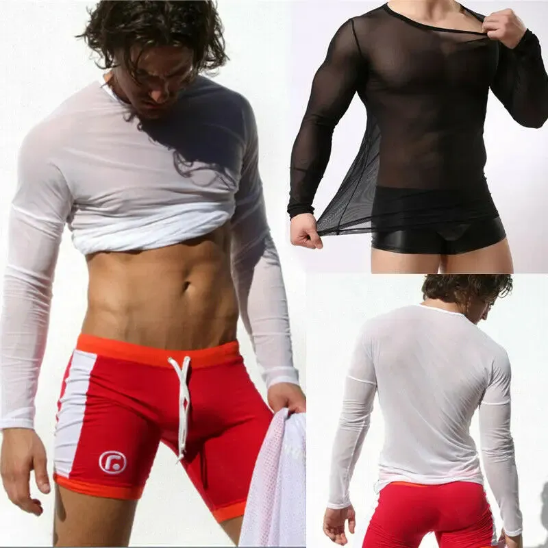 Mens T Shirts Undershirt Gay clothing Nylon Mesh See Through Sheer Long Sleeves Tops Sexy transparent Thin Underwear