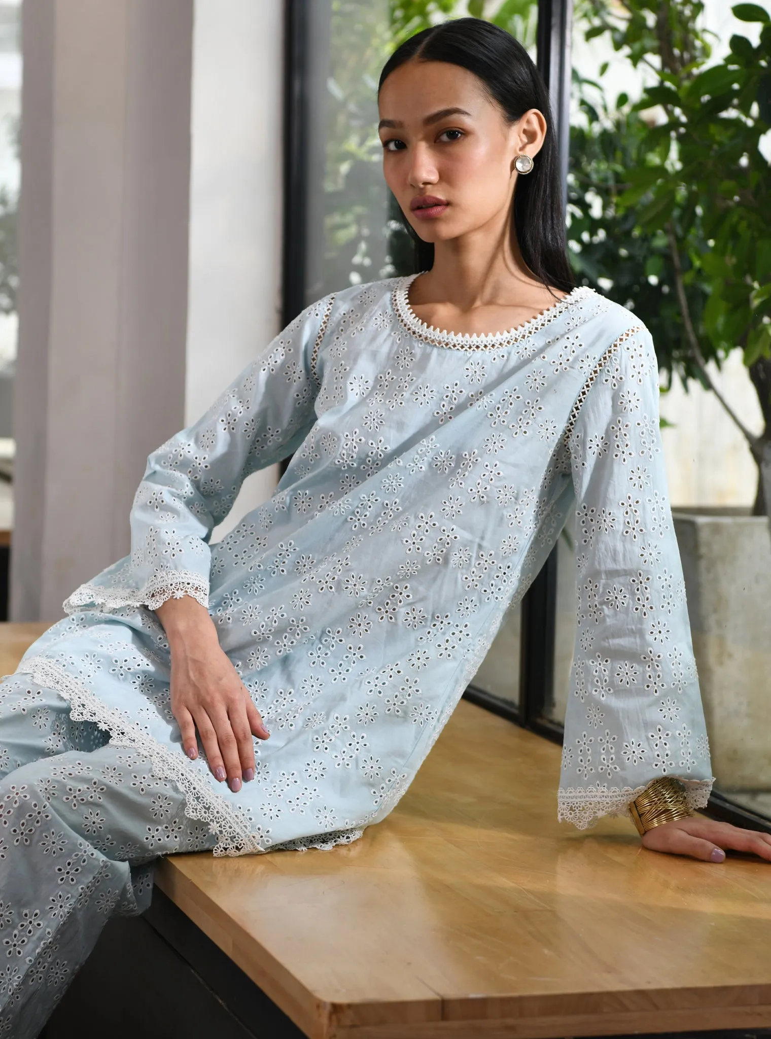 Mulmul Cotton Beverly Blue Top With Beverly Blue Pant