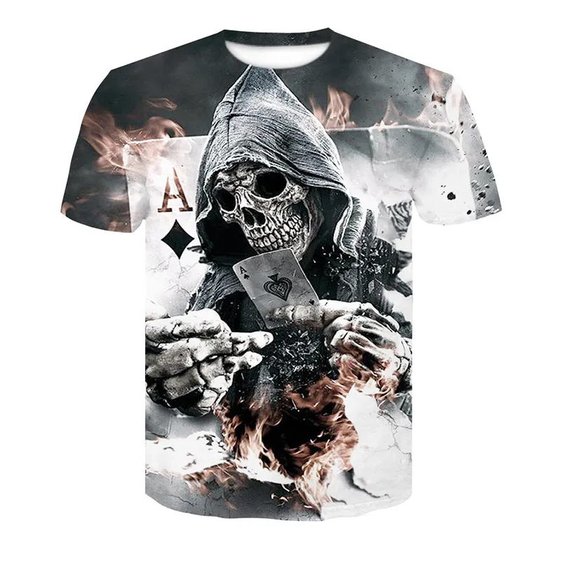 New Men's Skull Poker Print T-shirt