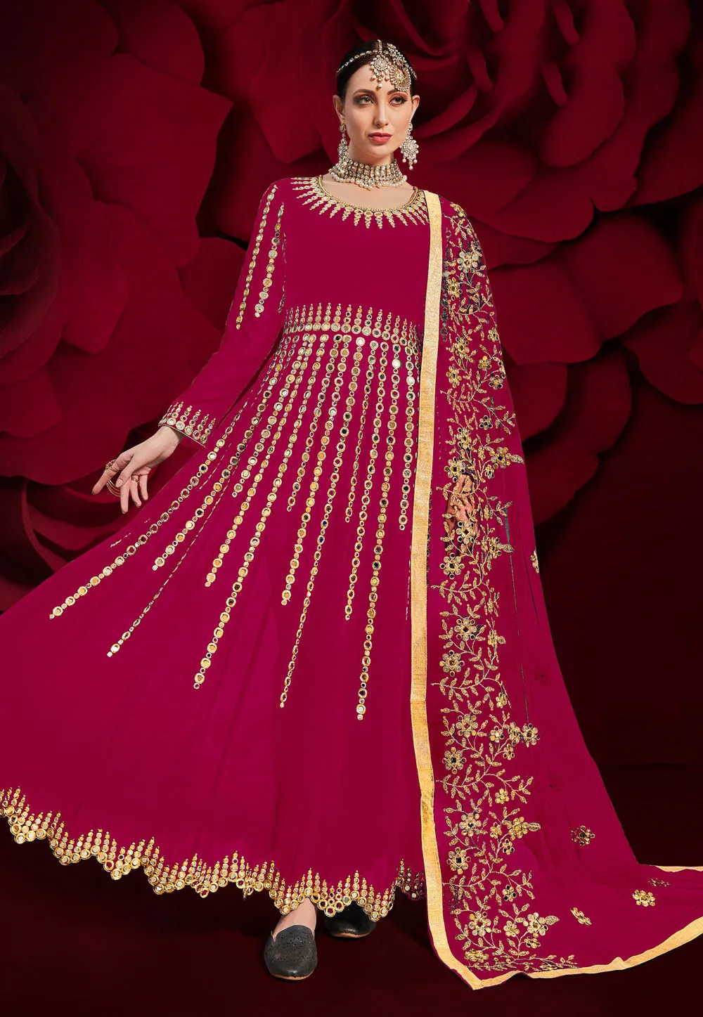 Pink Golden Mirror Work Flared Anarkali Pant Suit