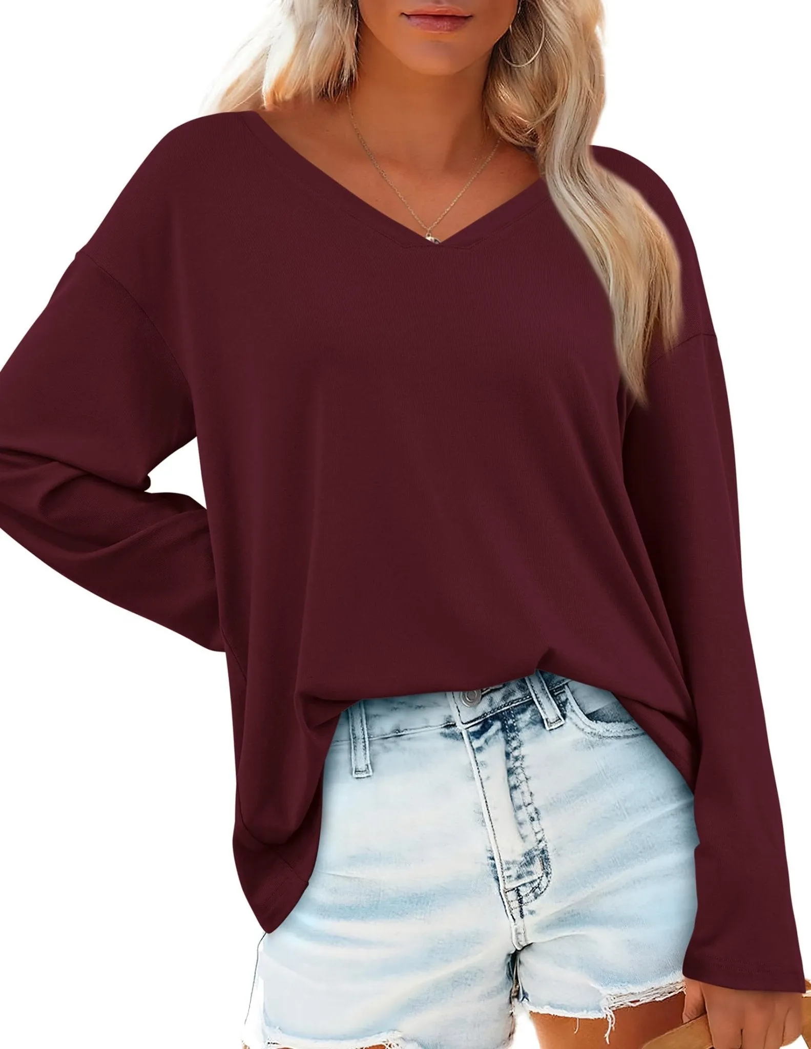 PRETTYGARDEN Women's Basic T Shirts Casual Long Sleeve V Neck Loose Fit Plain Tunic Tees Tops Blouse (Wine Red,Large)