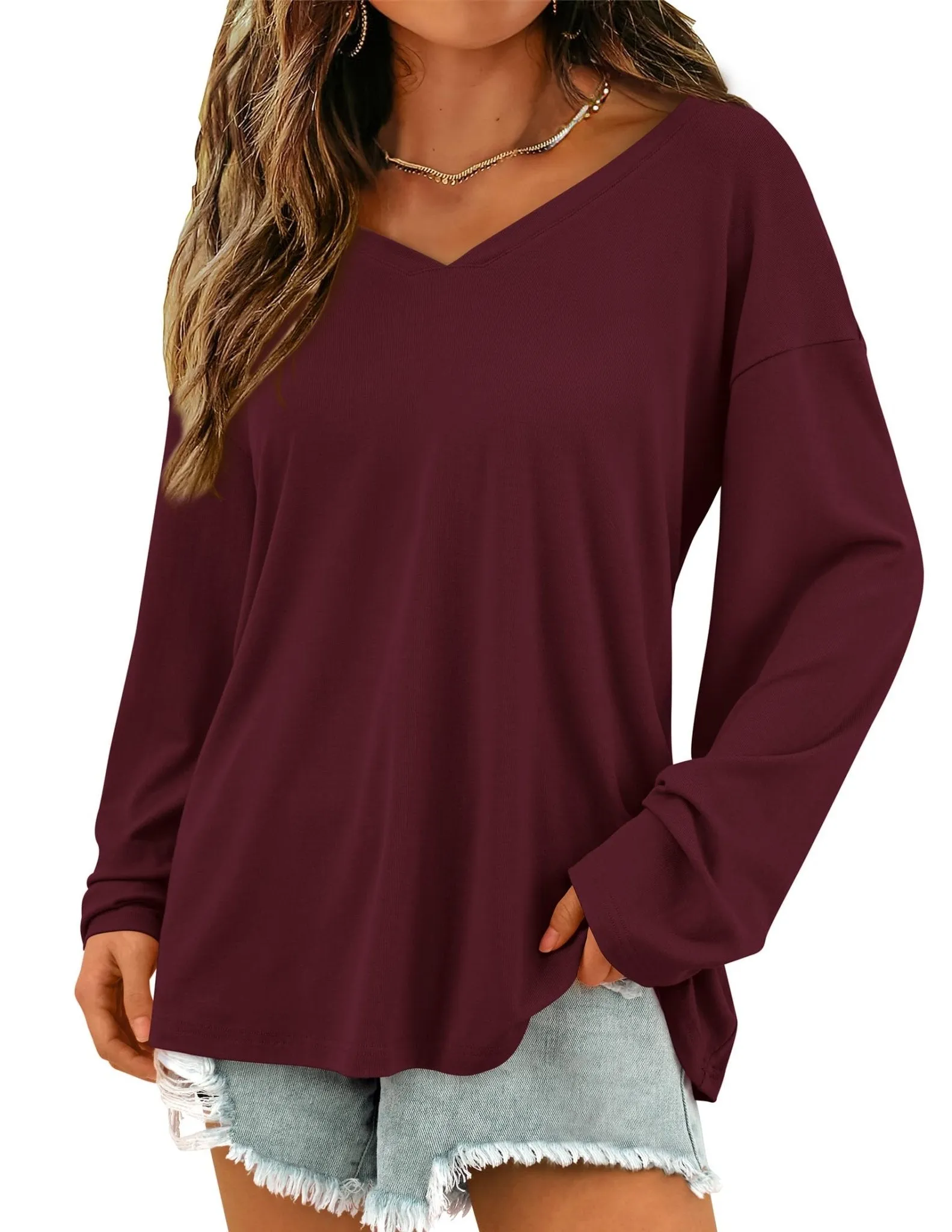 PRETTYGARDEN Women's Basic T Shirts Casual Long Sleeve V Neck Loose Fit Plain Tunic Tees Tops Blouse (Wine Red,Large)