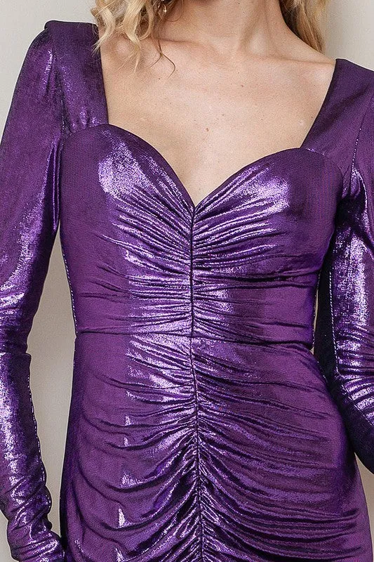 Purple Metallic Long Sleeve Shirring Maxi Dress