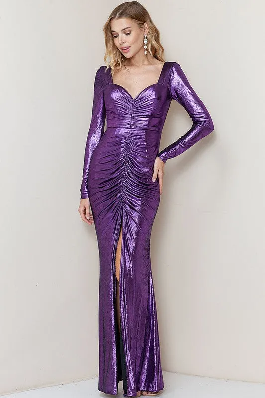 Purple Metallic Long Sleeve Shirring Maxi Dress