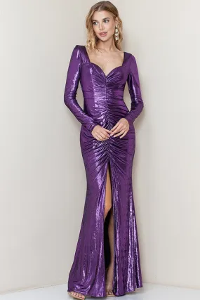 Purple Metallic Long Sleeve Shirring Maxi Dress