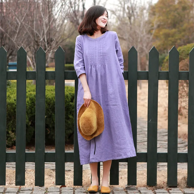 Purple Pleated Women Dresses Shift Linen Dresses MDYP9756