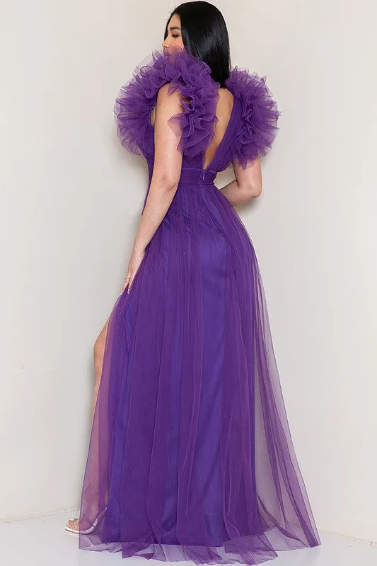 Purple Ruffle Sleeve Slit Side Tulle Maxi Dress