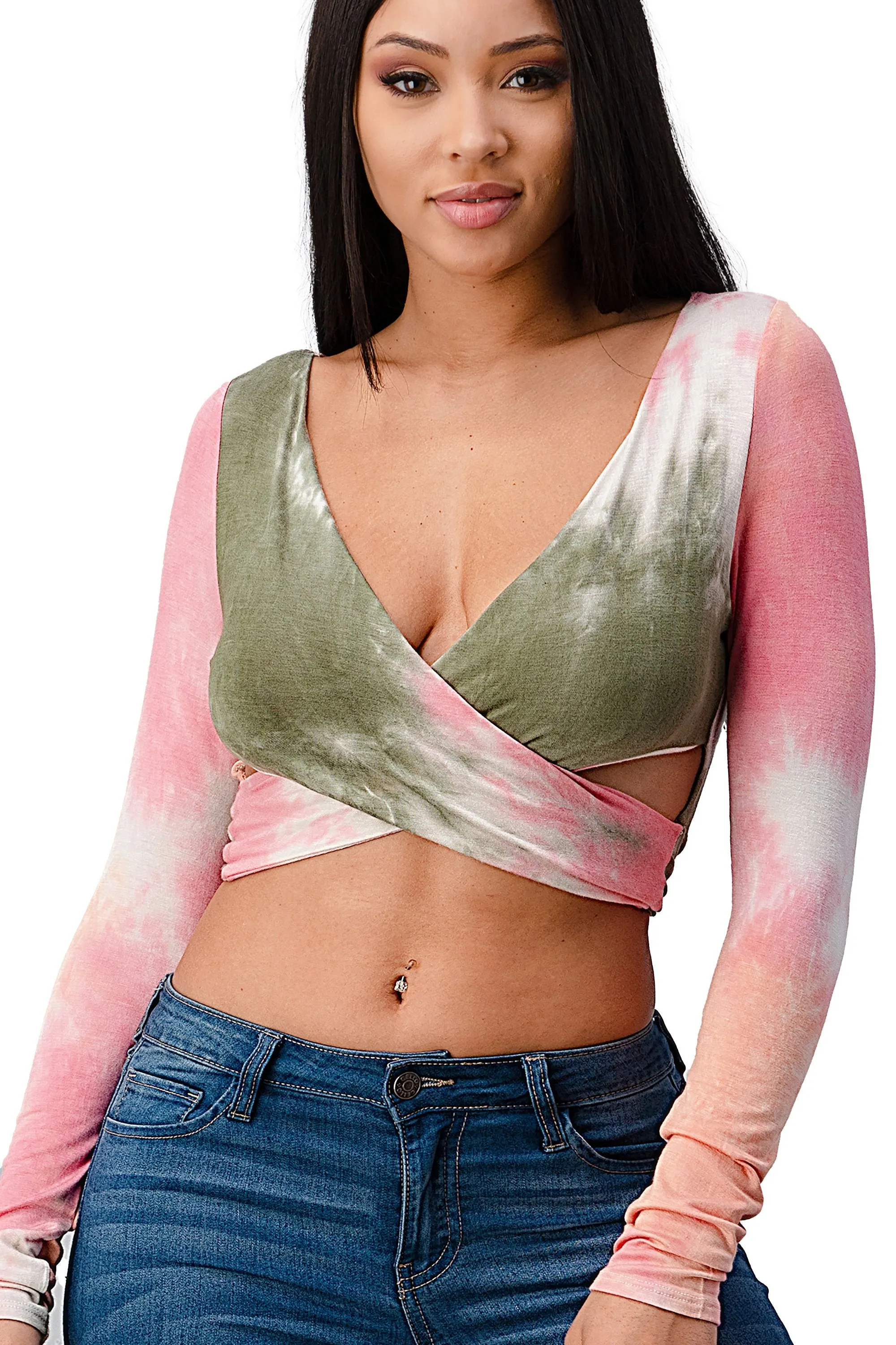 Rayon Tie Dye Surplice Tie Back Crop Top