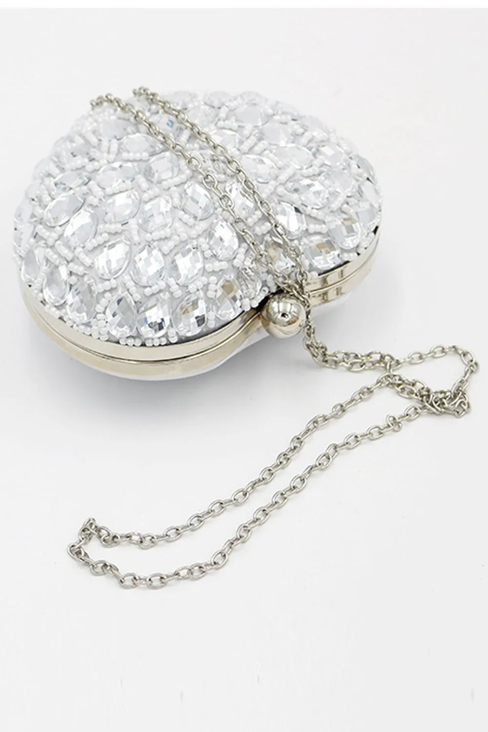 Silver Beaded Heart Shaped Party Clutch