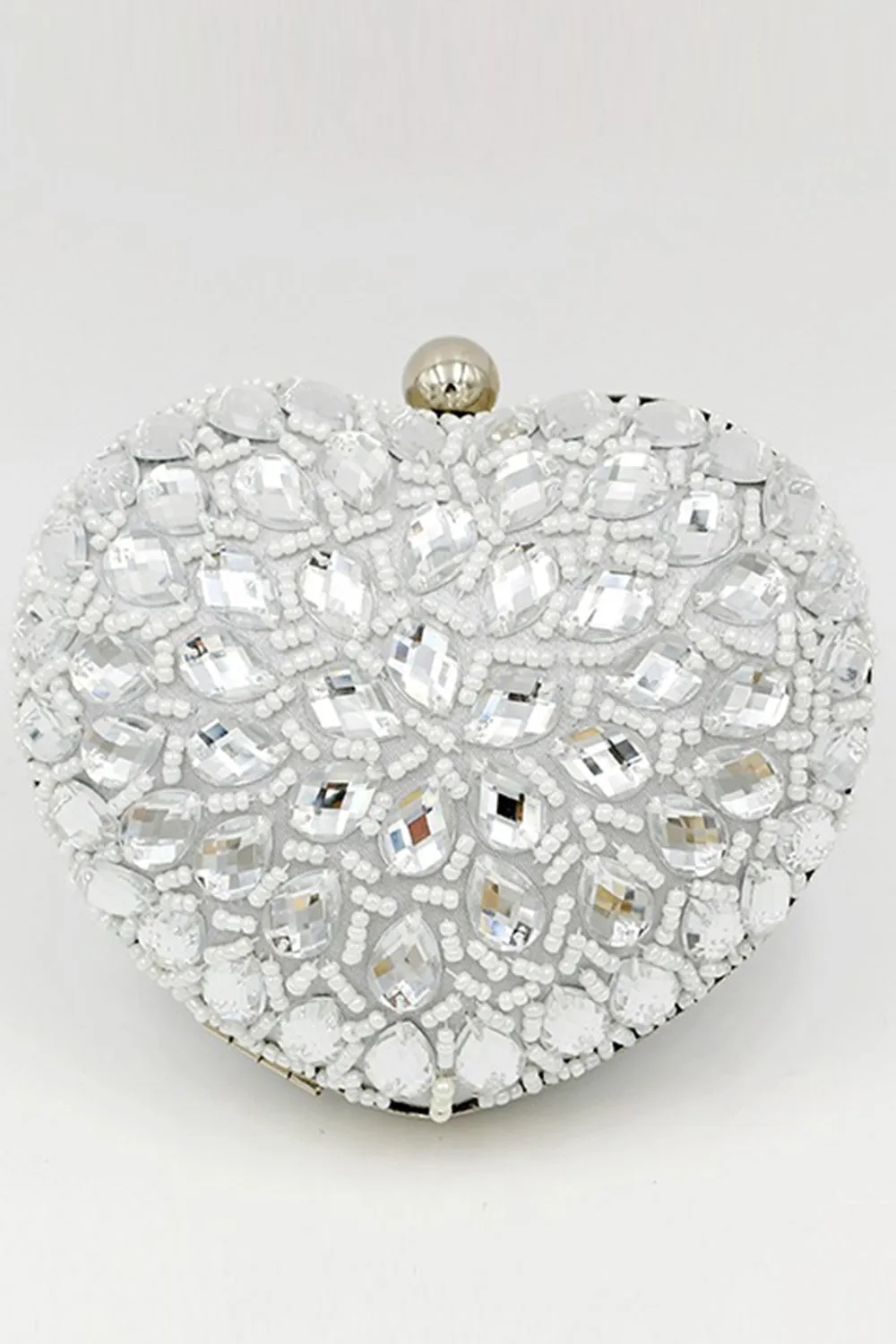 Silver Beaded Heart Shaped Party Clutch