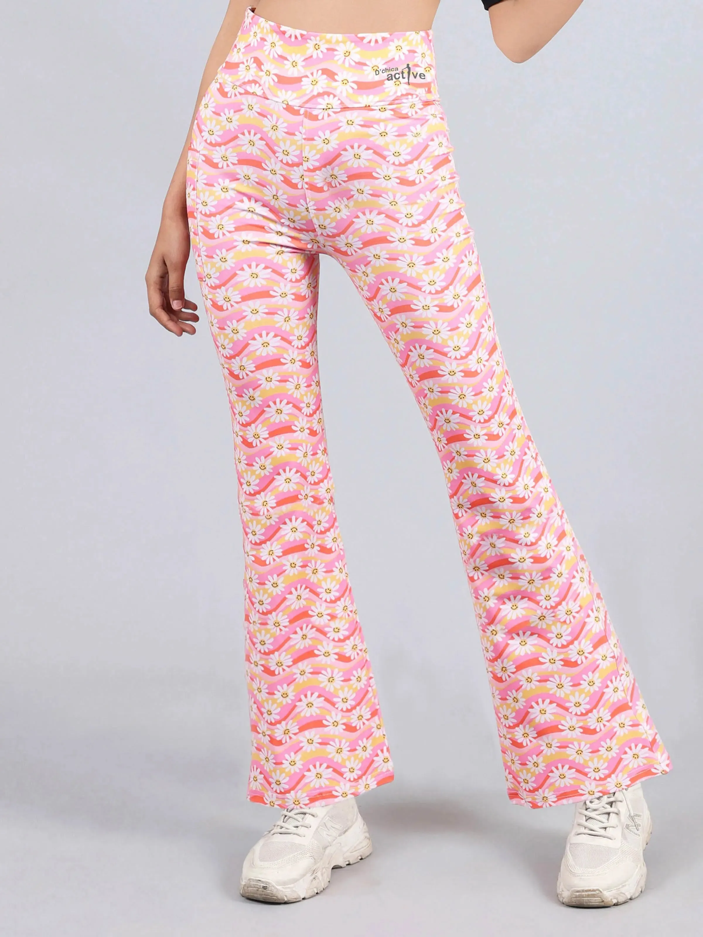 Stretchable Bell Bottom Pants | Sunflower Print Sports Leggings