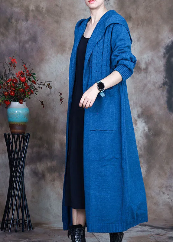 Stylish Blue Hooded Pockets Knit Cardigans Winter