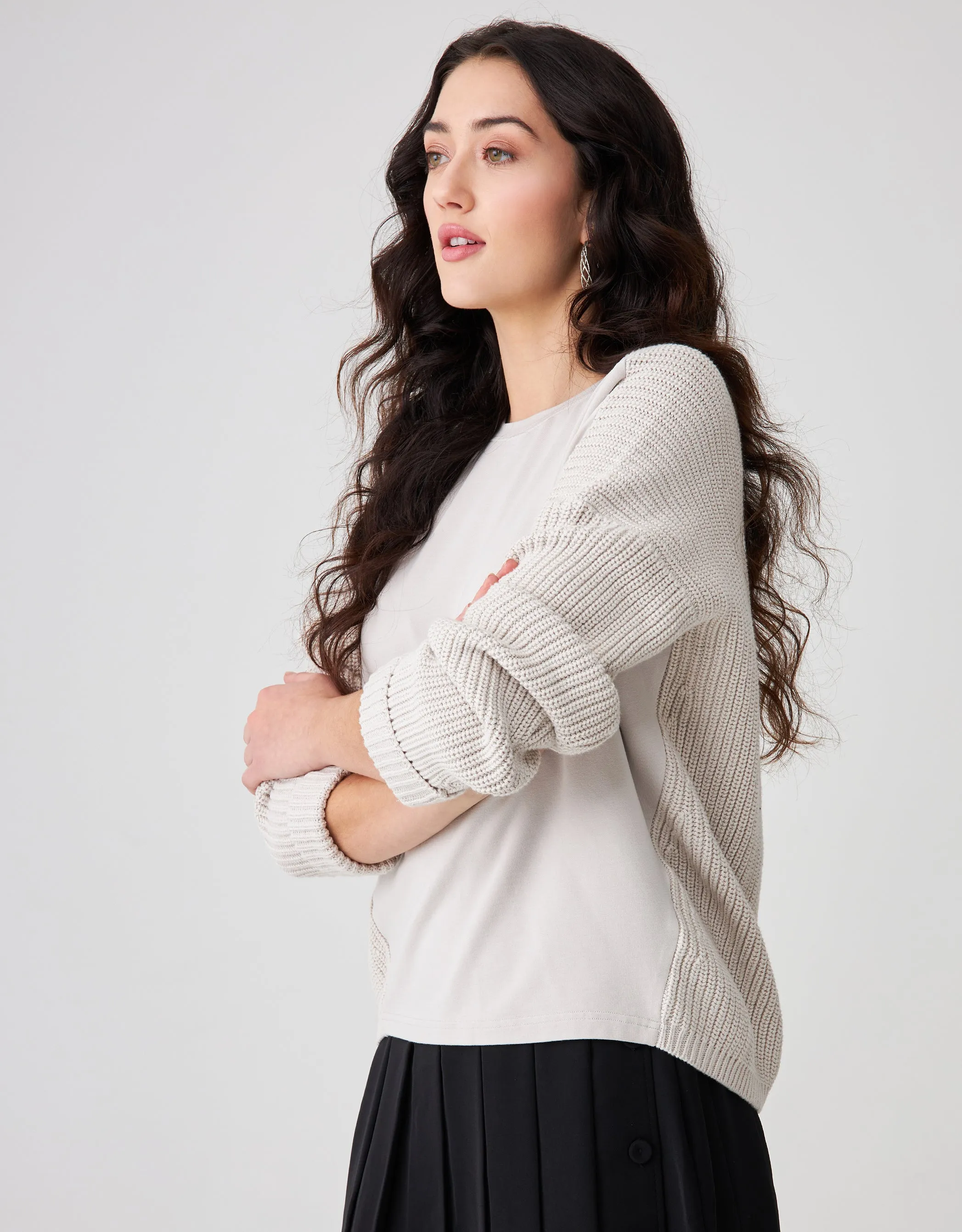 SuperSoft Jersey and Chunky Knit Combo Crew Top Stone Gray