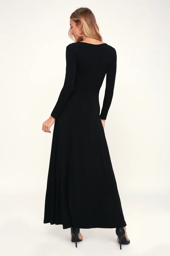 Swept Away Black Long Sleeve Maxi Dress