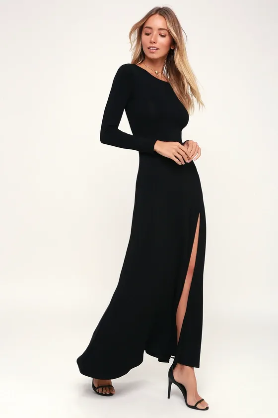 Swept Away Black Long Sleeve Maxi Dress